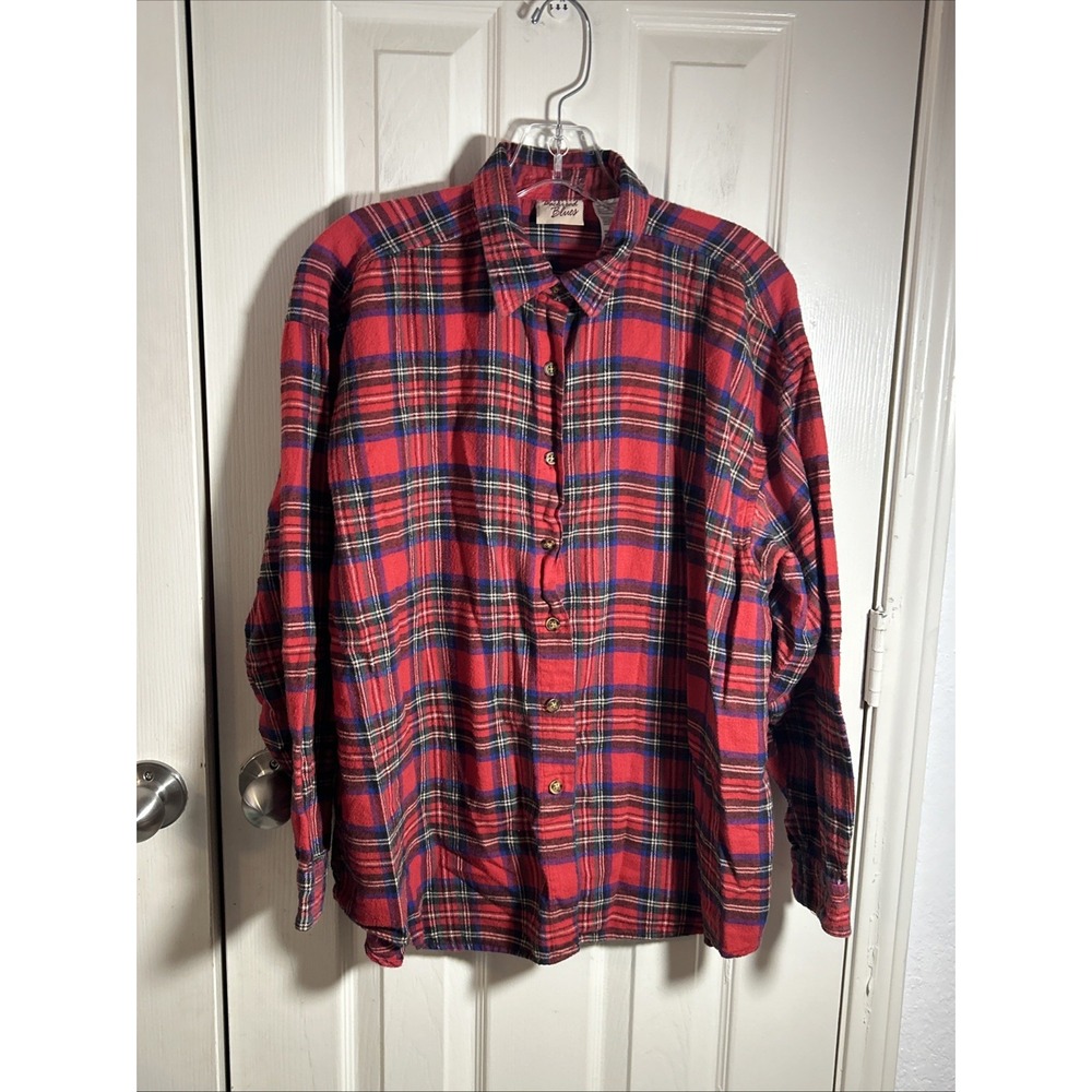 VTG Backroad Blues Button Up Shirt Womens XL Red Plaid Flannel Long Sleeve